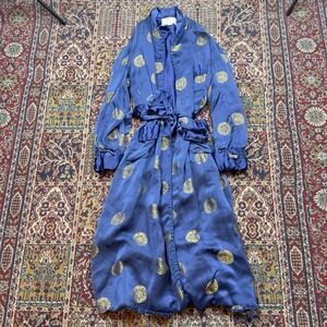 VTG 60s 70s Solz Squirrel Mens Blue Rayon Robe Kimono Style Gold Circles 48 Tear